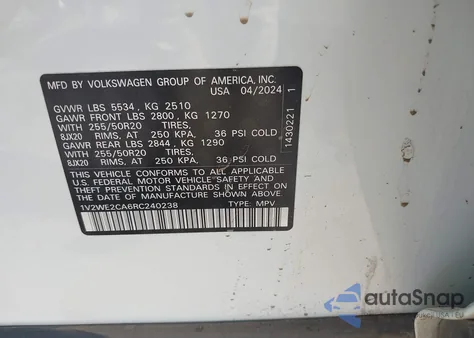 2024 Volkswagen Atlas Cross Sport 2.0T Se W/Technology z USA, uszkodzony, nr VIN 1V2WE2CA6RC240238